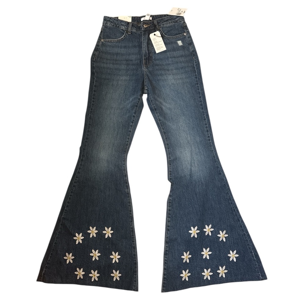 Forever 21 Blue Flare Jeans with White Floral Embroidery